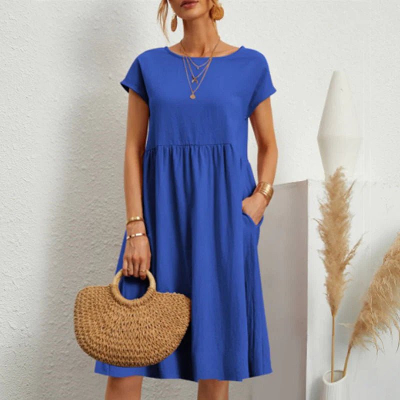Round Neck Short Sleeve Smock Pocket Midi Dress