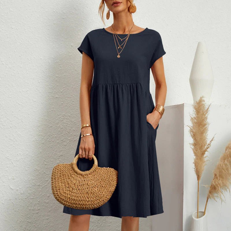 Round Neck Short Sleeve Smock Pocket Midi Dress