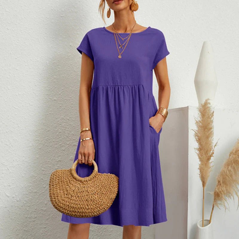 Round Neck Short Sleeve Smock Pocket Midi Dress