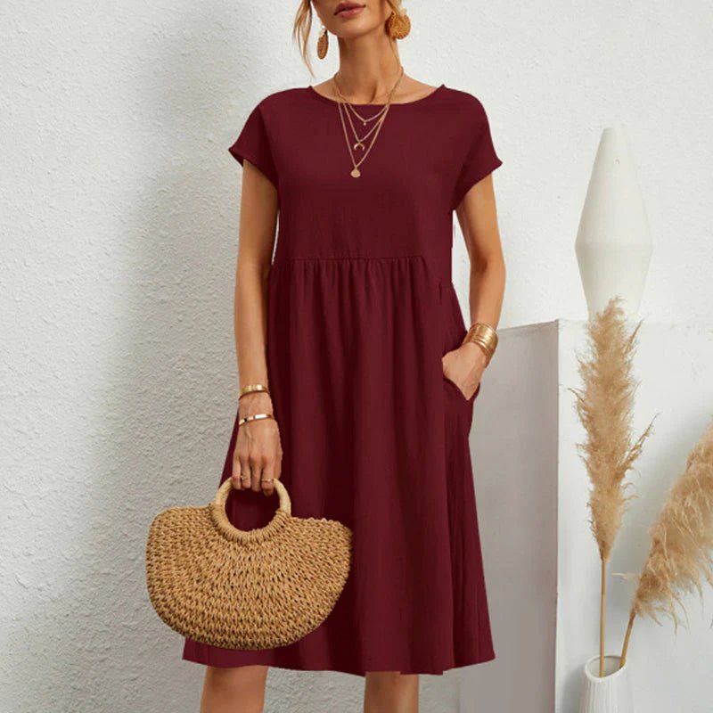 Round Neck Short Sleeve Smock Pocket Midi Dress