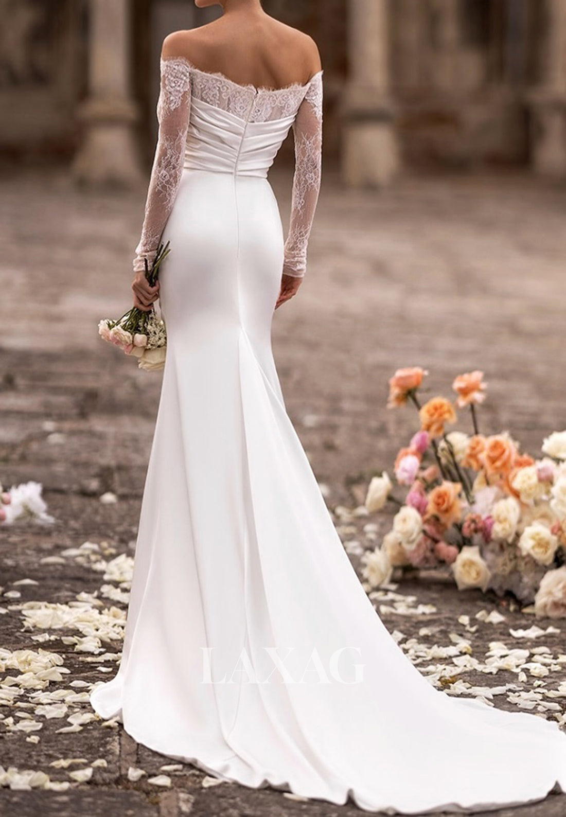 Off-Shoulder Lace Long-Sleeves Bride Gowns Sleek Satin Mermaid Wedding Dress with Train