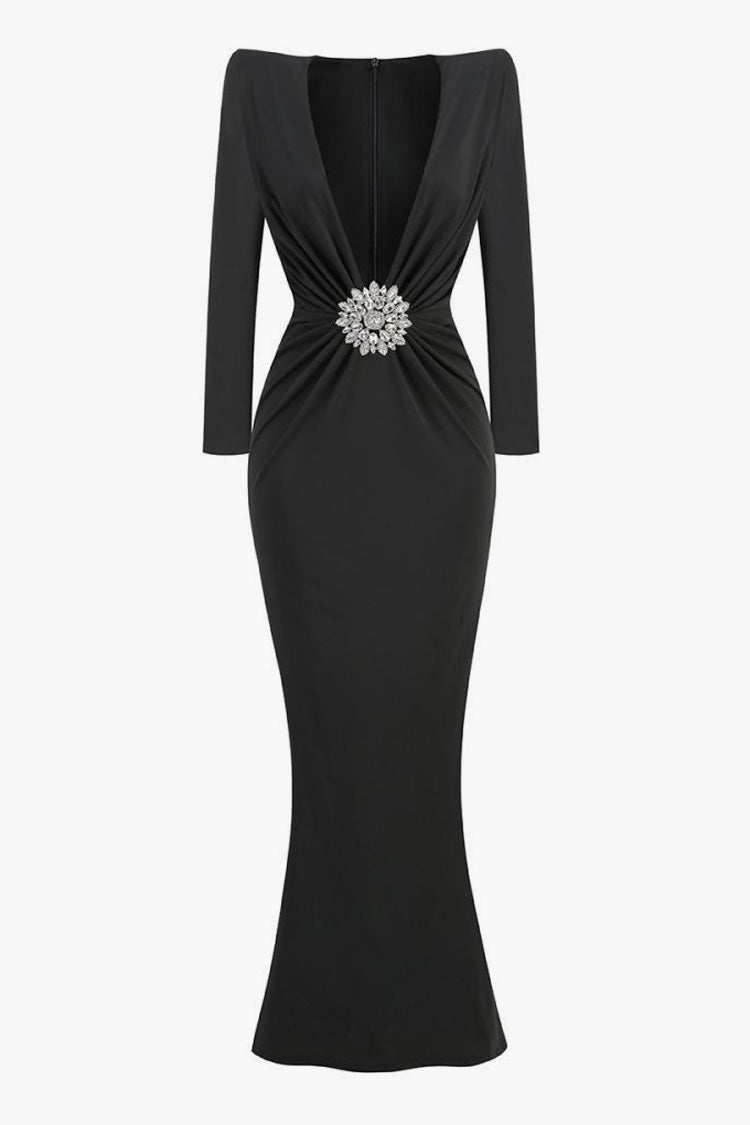 Luxurious Crystal Plunge Strong Shoulder Long Sleeve Evening Maxi Dress