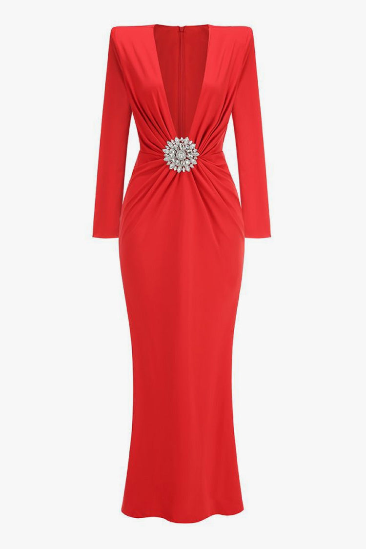 Luxurious Crystal Plunge Strong Shoulder Long Sleeve Evening Maxi Dress