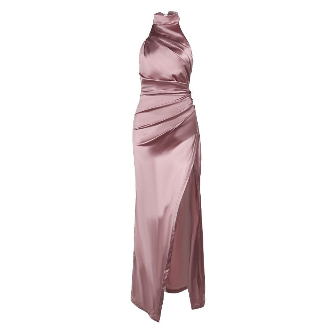 Luxurious High Neck Halter Ruched Side Split Satin Maxi Evening Dress