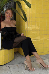 Luxury Faux Feather Trim Off Shoulder Mesh Panel Bandage Midi Dress - Black 5