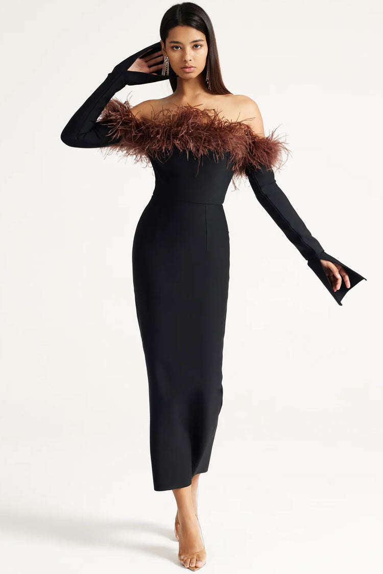 Feather Trim Off Shoulder Long Sleeve Bodycon Midi Cocktail Dress