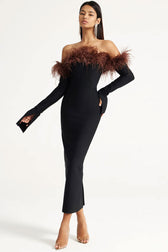 Luxury Feather Trim Off Shoulder Split Sleeve Bandage Cocktail Midi Dress - Black 3