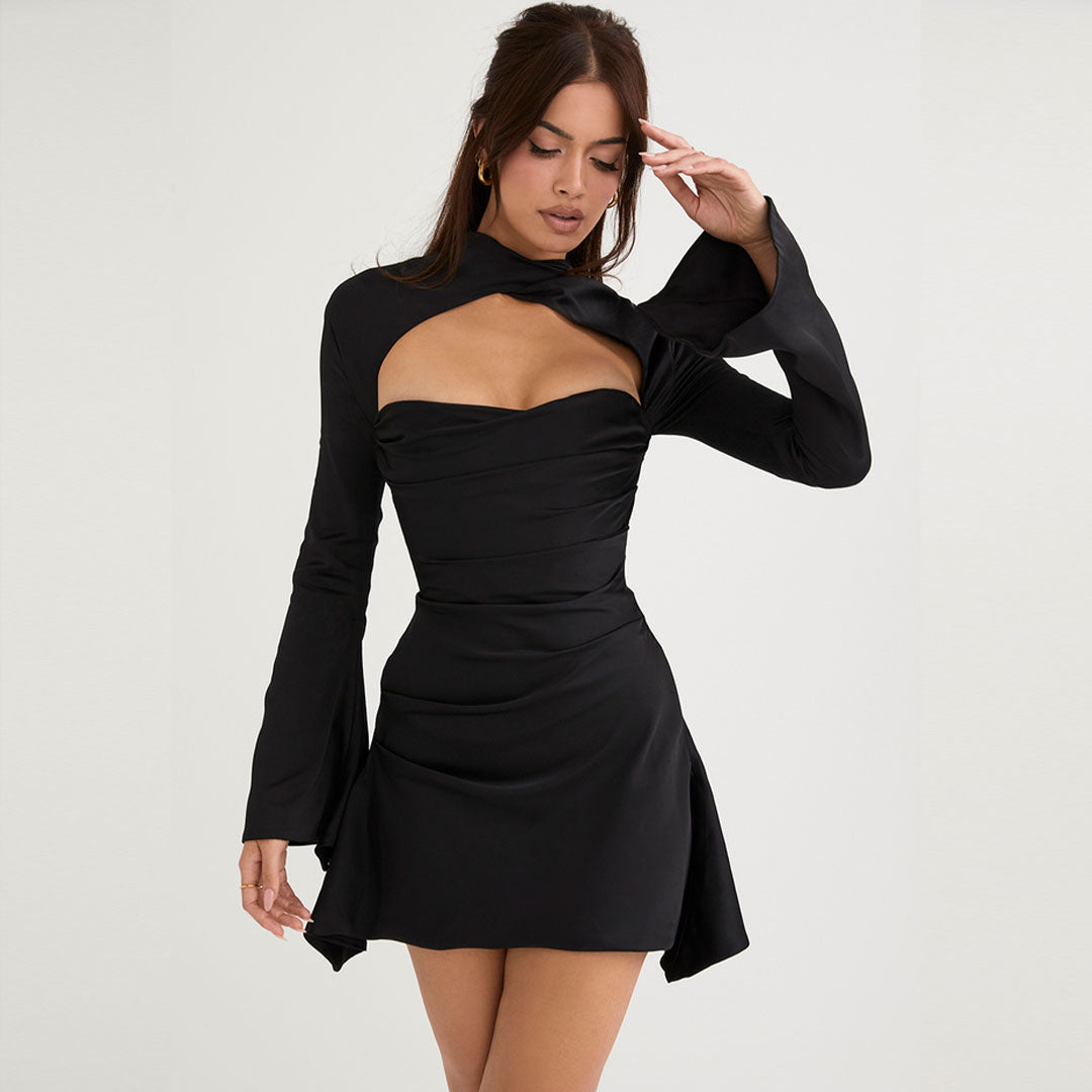 Satin High Neck Cut Out Bell Sleeve Draped Mini Dress