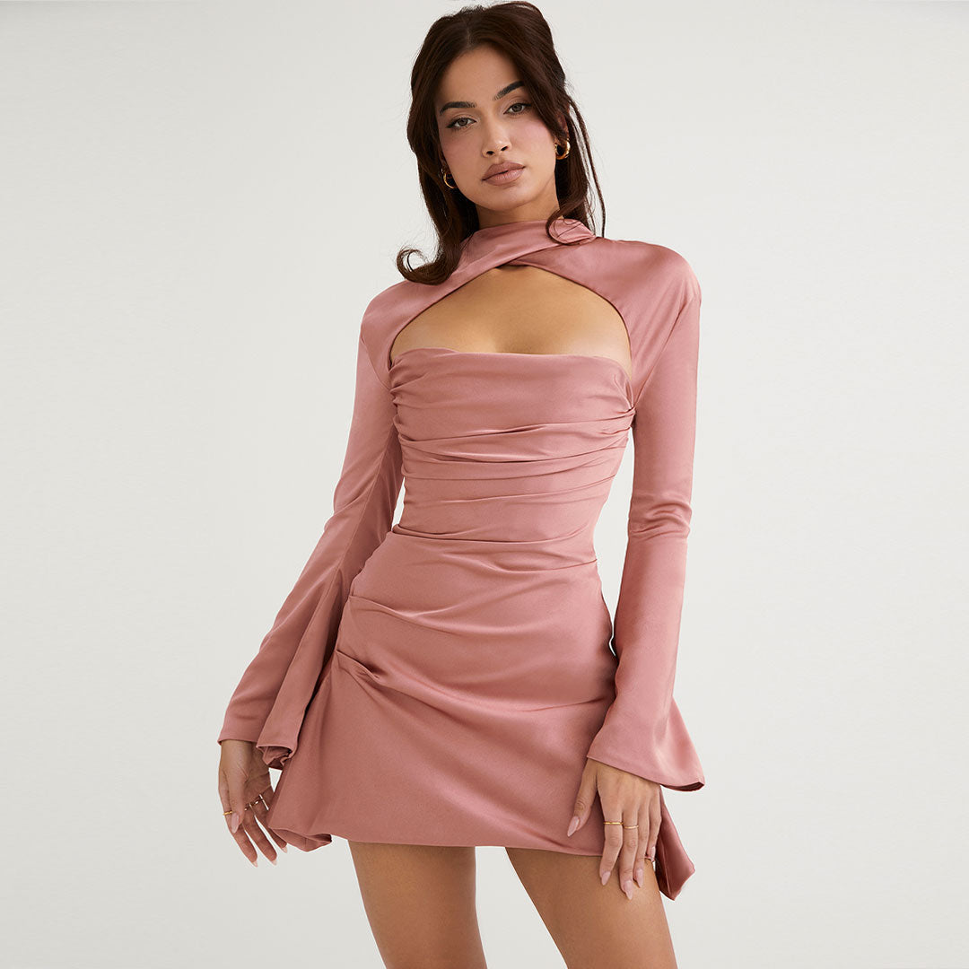 Satin High Neck Cut Out Flare Long Sleeve Ruched Mini Dress