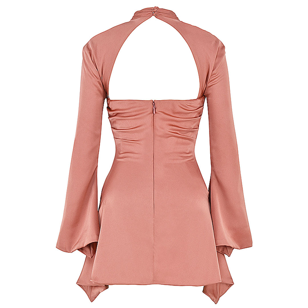 Satin High Neck Cut Out Flare Long Sleeve Ruched Mini Dress 4