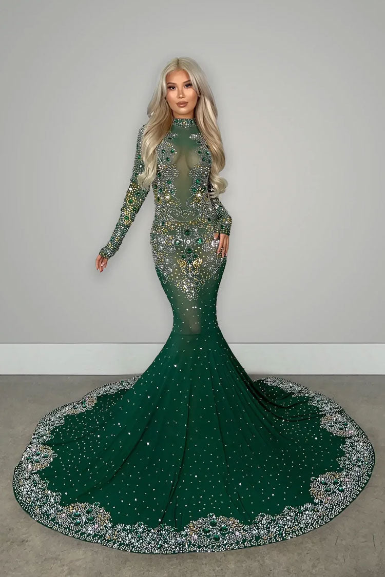 Deluxe High Neck Long Sleeve Sheer Mesh Rhinestone Evening Maxi Dress - Green