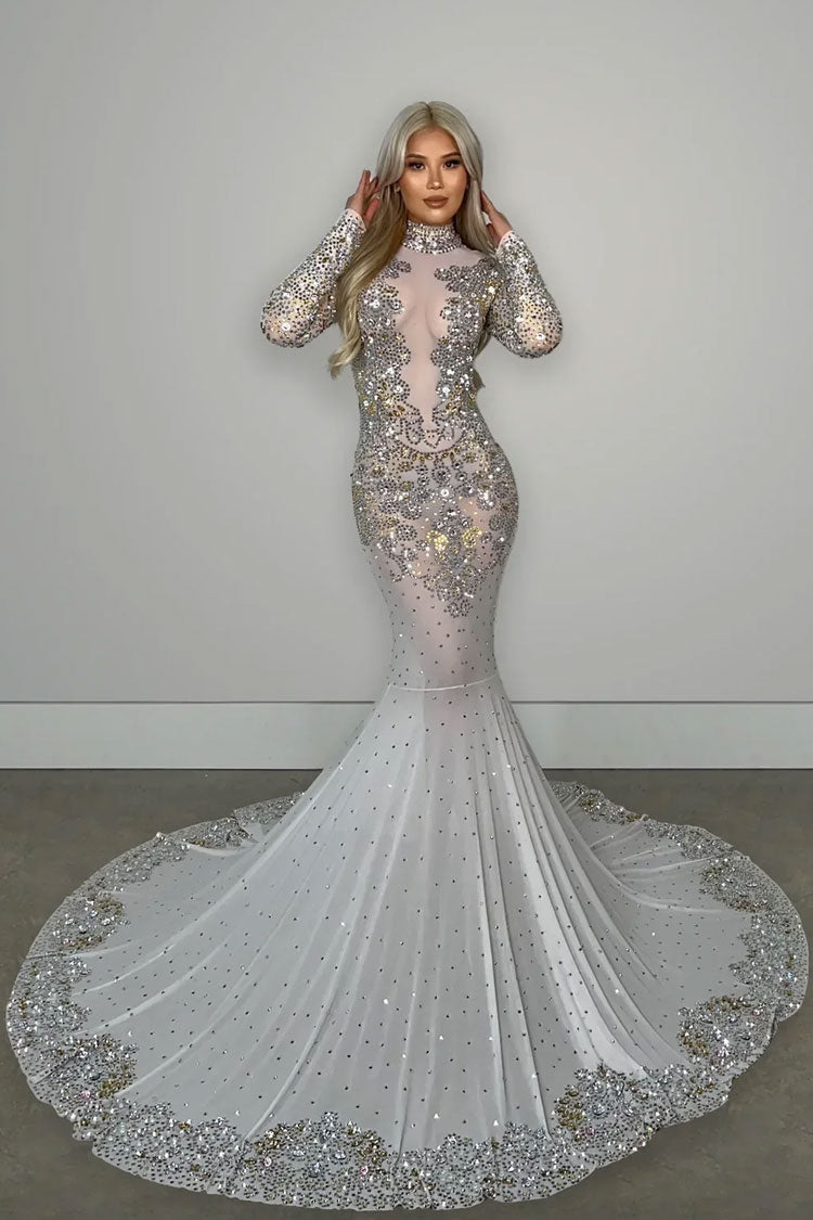 Premium High Neck Long Sleeve Sheer Mesh Rhinestone Evening Maxi Dress - White