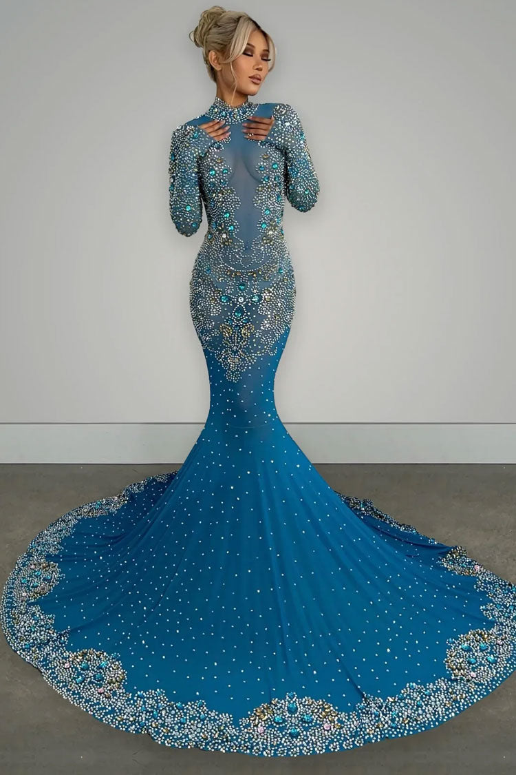 Upscale High Neck Long Sleeve Sheer Mesh Rhinestone Evening Maxi Dress - Blue