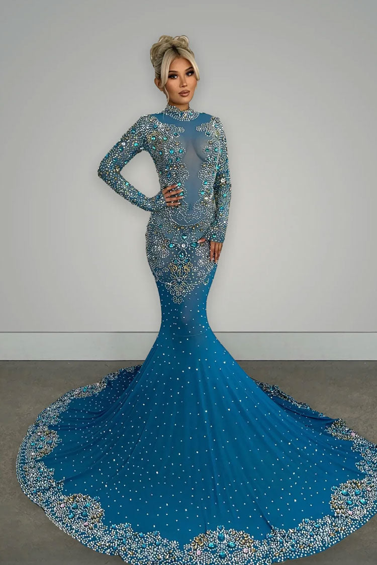 Upscale High Neck Long Sleeve Sheer Mesh Rhinestone Evening Maxi Dress - Blue