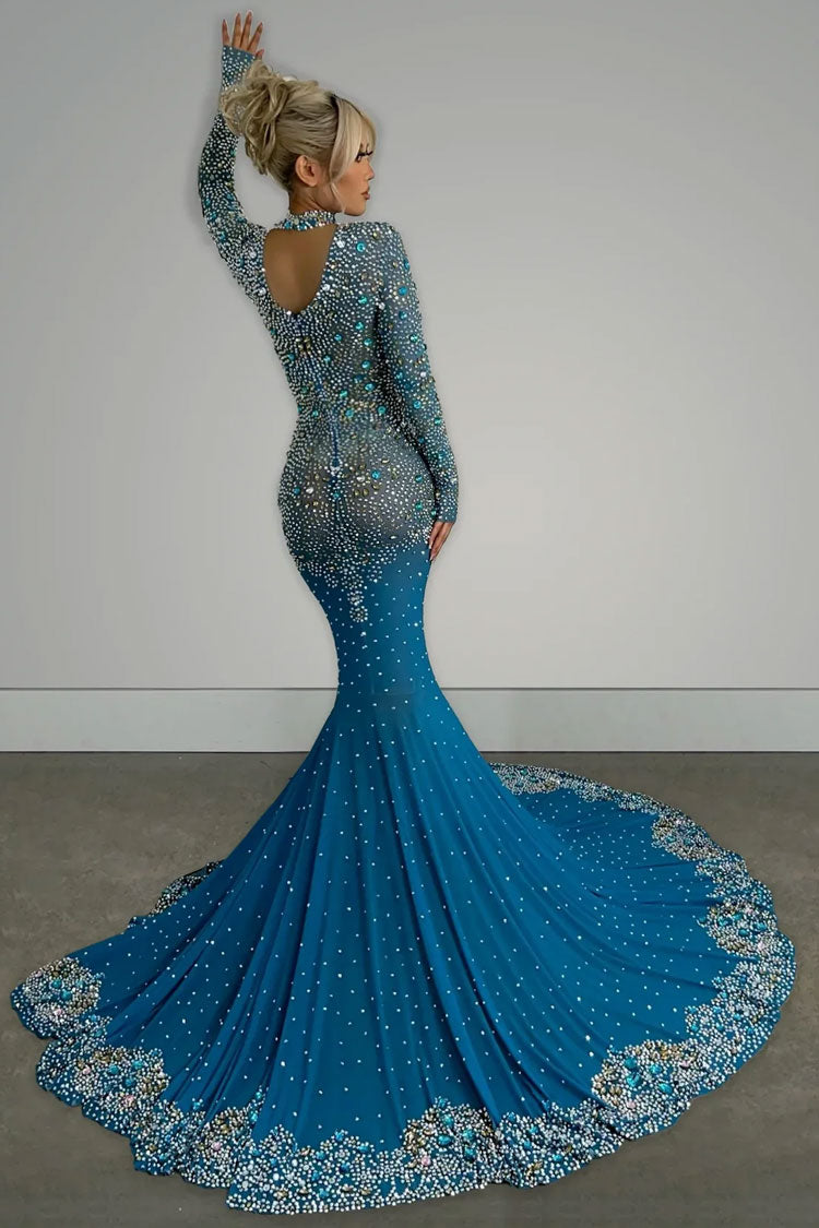 Upscale High Neck Long Sleeve Sheer Mesh Rhinestone Evening Maxi Dress - Blue