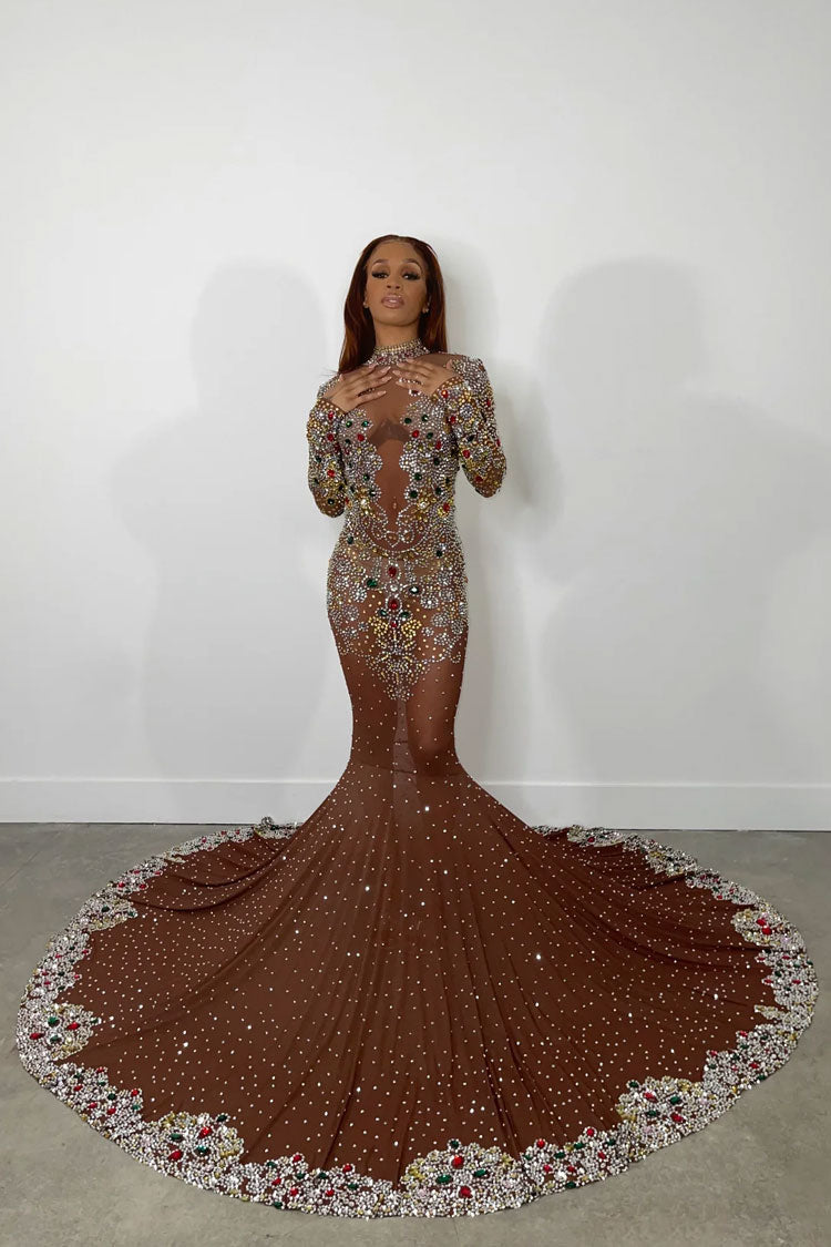 Deluxe High Neck Long Sleeve Sheer Mesh Rhinestone Evening Maxi Dress - Brown