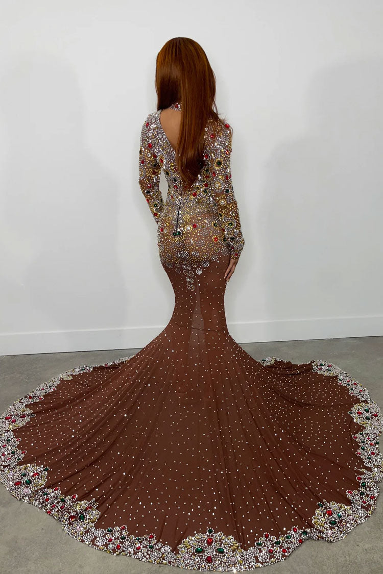 Deluxe High Neck Long Sleeve Sheer Mesh Rhinestone Evening Maxi Dress - Brown