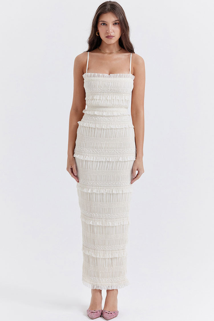 Premium Layered Ruffle Spaghetti Strap Smocked Pleated Evening Maxi Dress - Ivory