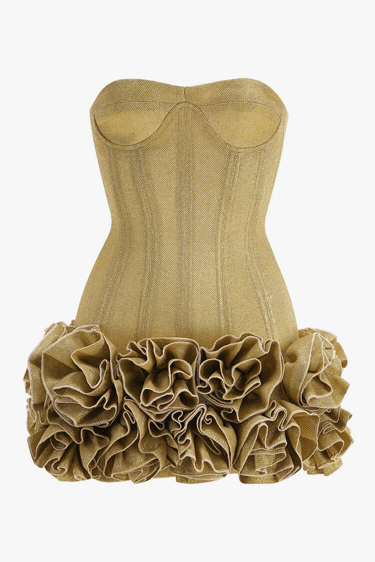 Luxury Lurex Bustier Lace Up Corset Tiered Rosette Micro Mini Party Dress