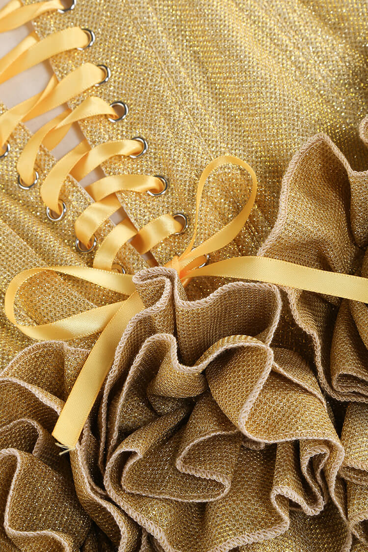 Luxury Lurex Bustier Lace Up Corset Tiered Rosette Micro Mini Party Dress