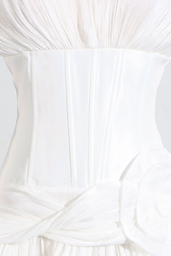 Luxury Lurex V Neck Pleated Rosette Corset Tiered Party Mini Dress