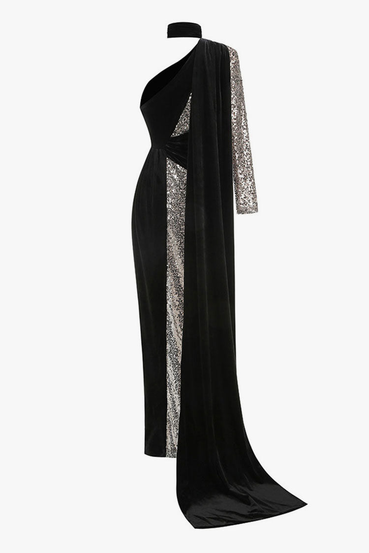 Luxury One Shoulder Draped Scarf Cutout Velvet Sequin Evening Maxi Dress