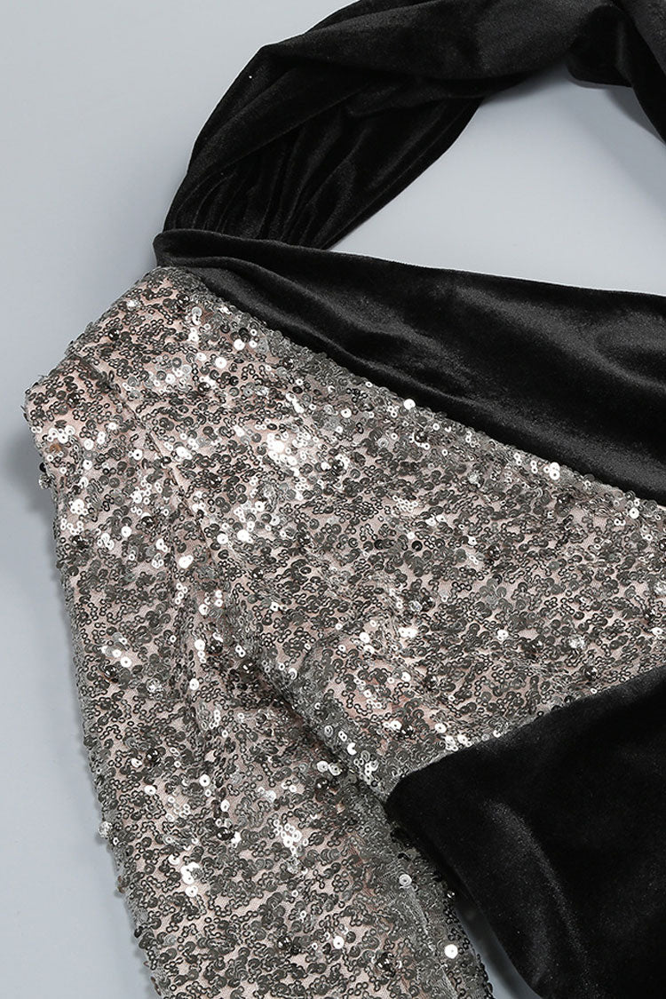 Luxury One Shoulder Draped Scarf Cutout Velvet Sequin Evening Maxi Dress