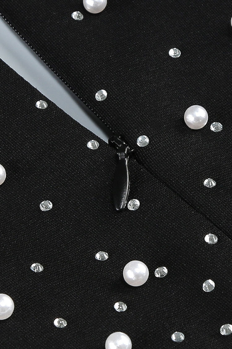 Luxury Pearl Beaded Rhinestone V Neck Long Sleeve Evening Maxi Dress