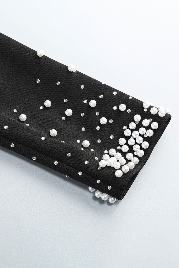 Luxury Pearl Beaded Rhinestone V Neck Long Sleeve Evening Maxi Dress