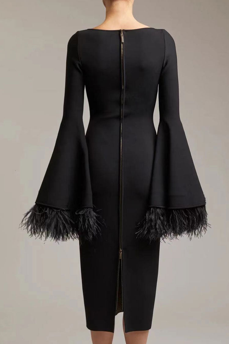 Luxury Scoop Neck Feather Cuff Long Sleeve Bandage Cocktail Midi Dress - Black 2