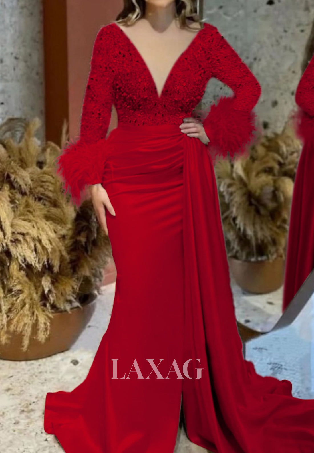 Deep V-Neck Long Sleeves Sequined Beaded Fringed Pleated Mermaid Prom Dress with Sweep Train