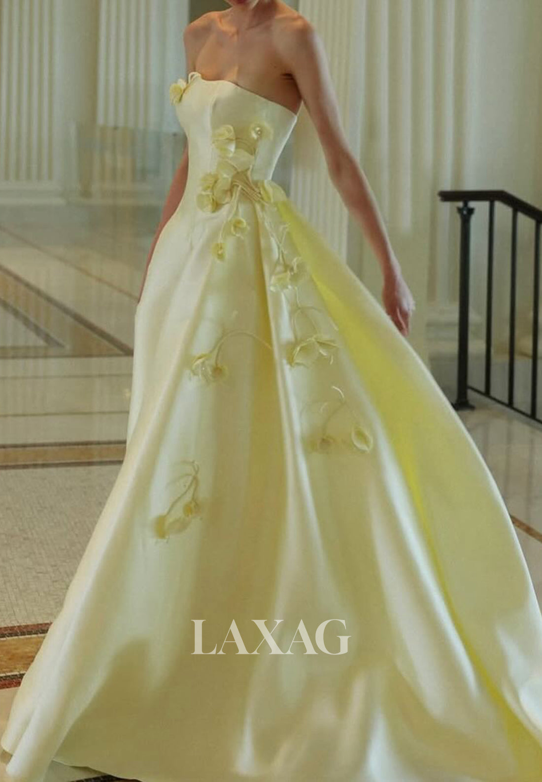 Off-Shoulder Floral Embellished Satin Formal Gowns Tube Top Sleeveless A-Line Evening Dress
