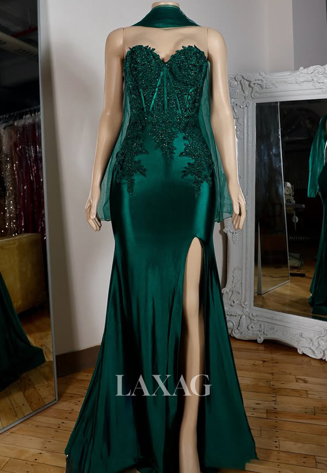Off-Shoulder Sweetheart Sleeveless Mermaid Prom Dress Beaded Lace Applique Party Gowns with Slit