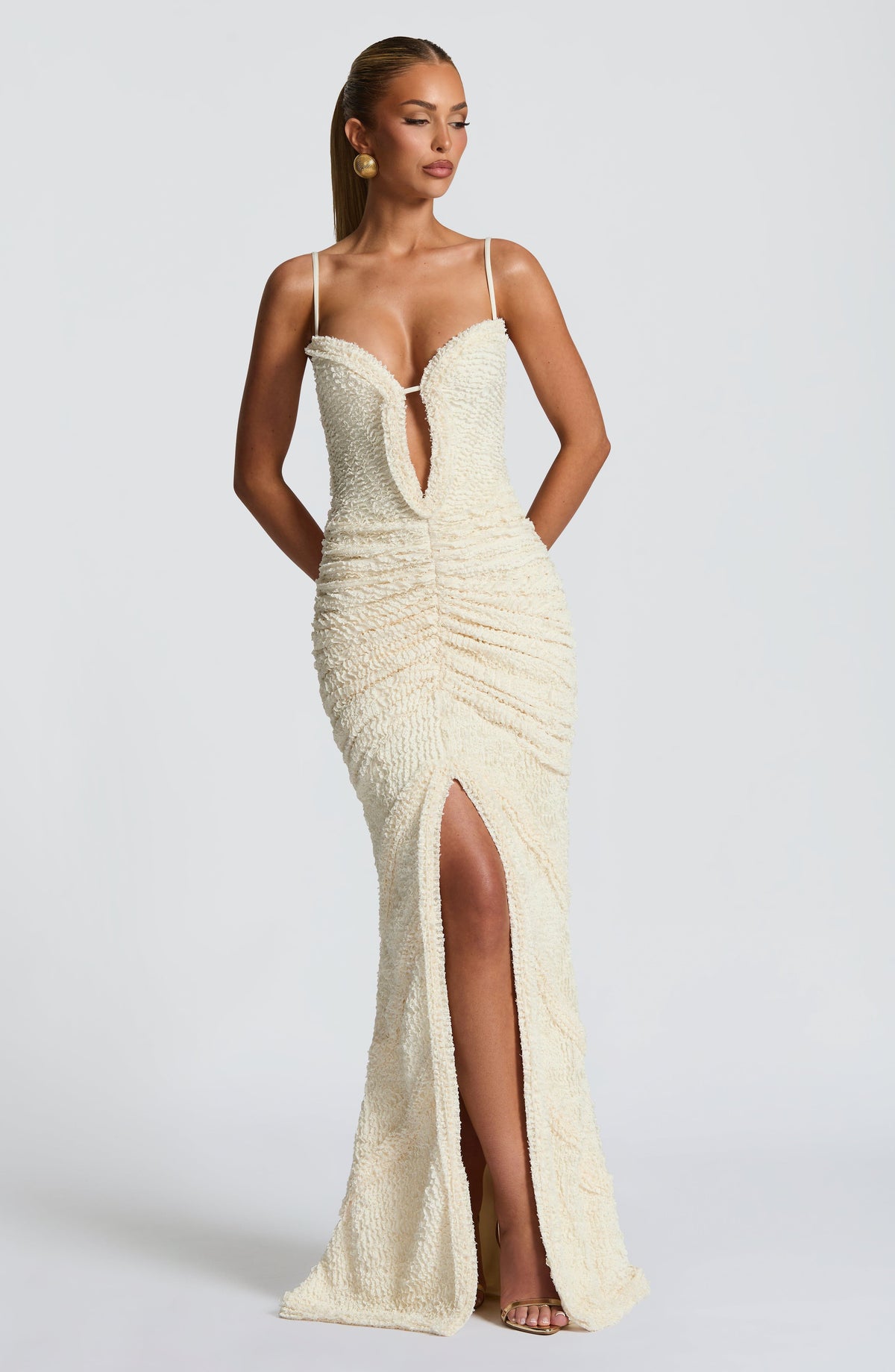 Textured Plunge Keyhole Cami Ruched Front Split Maxi Dress 7