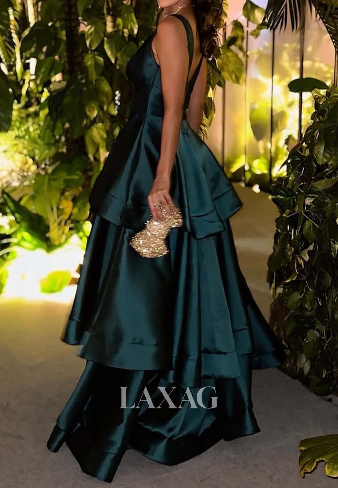 Deep V-Neck Straps Sleeveless A-Line Prom Dress Off-Shoulder Satin Pleated Tiered Evening Gowns