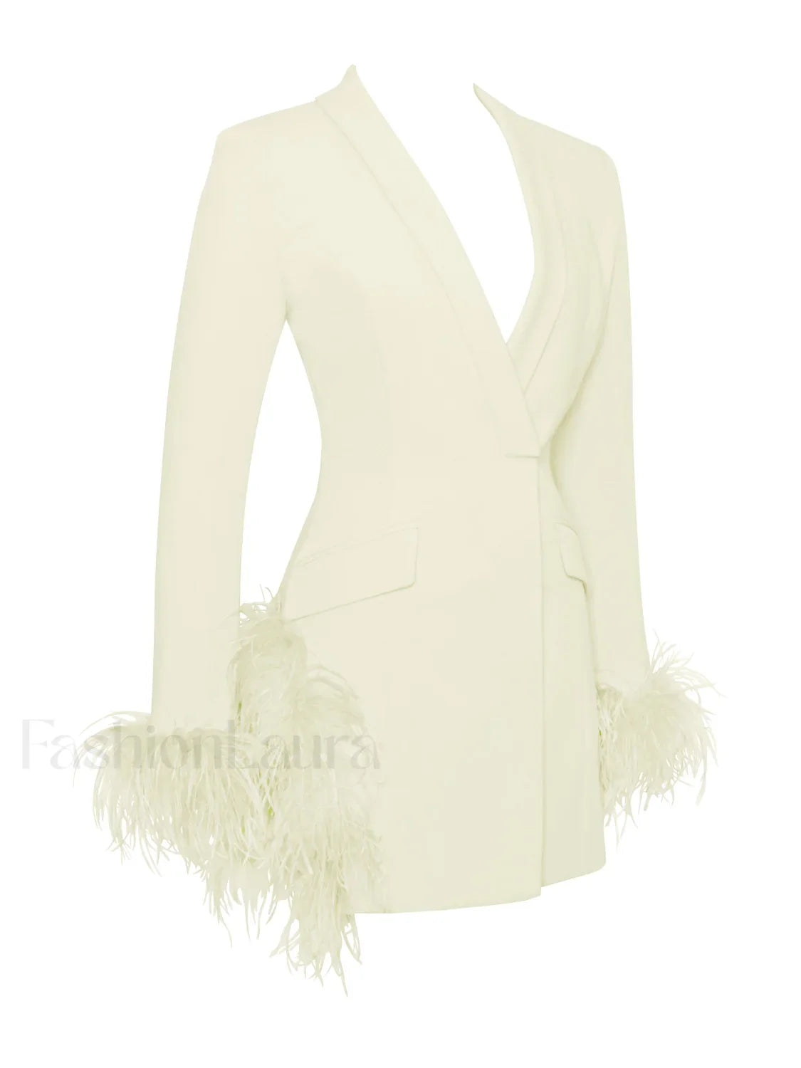 Madeline Pearl White Charming Feather Trim Blazer Dress