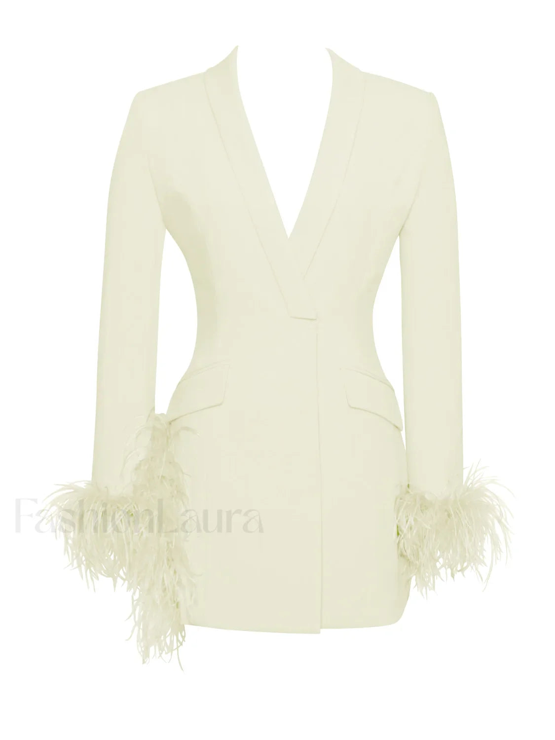 Madeline Pearl White Charming Feather Trim Blazer Dress