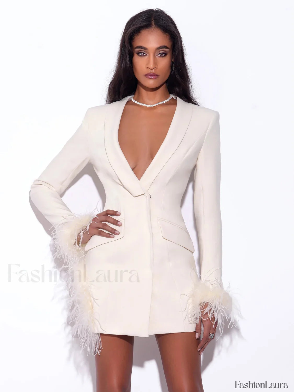 Madeline Pearl White Charming Feather Trim Blazer Dress