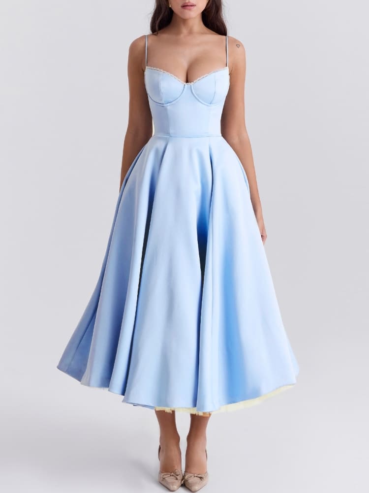 Satin Bustier Spaghetti Strap Tulle Underlay Fit and Flare Midi Dress 5