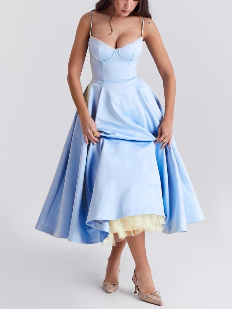 Satin Bustier Spaghetti Strap Tulle Underlay Fit and Flare Midi Dress 8