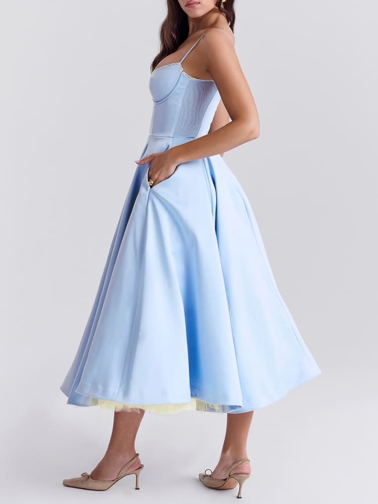 Satin Bustier Spaghetti Strap Tulle Underlay Fit and Flare Midi Dress 7