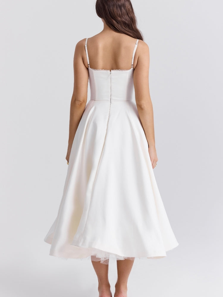 Satin Corset Bustier Spaghetti Strap Fit and Flare Tulle Hem Midi Dress 6