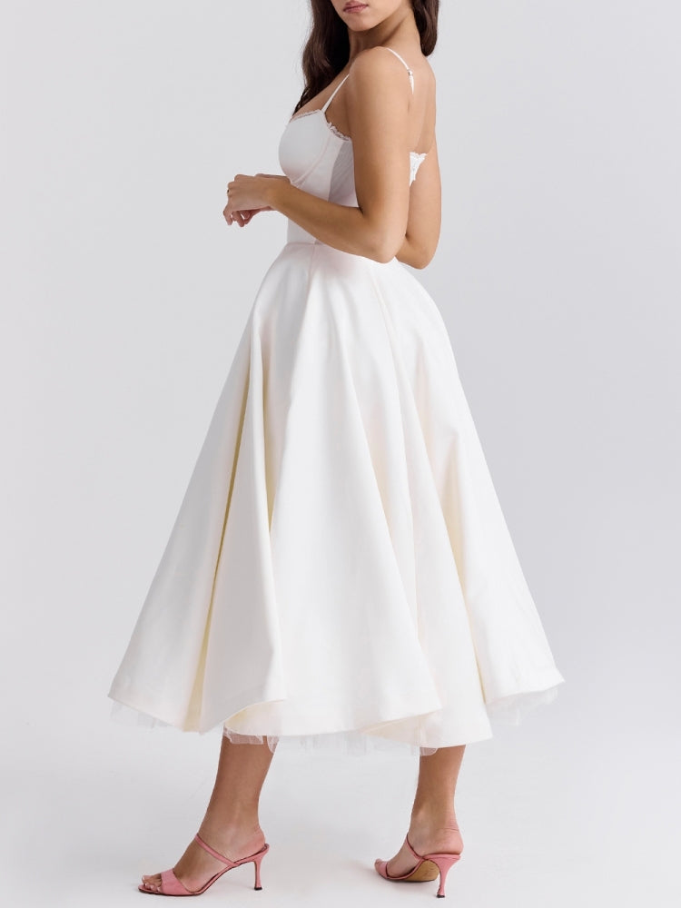 Satin Corset Bustier Spaghetti Strap Fit and Flare Tulle Hem Midi Dress 5