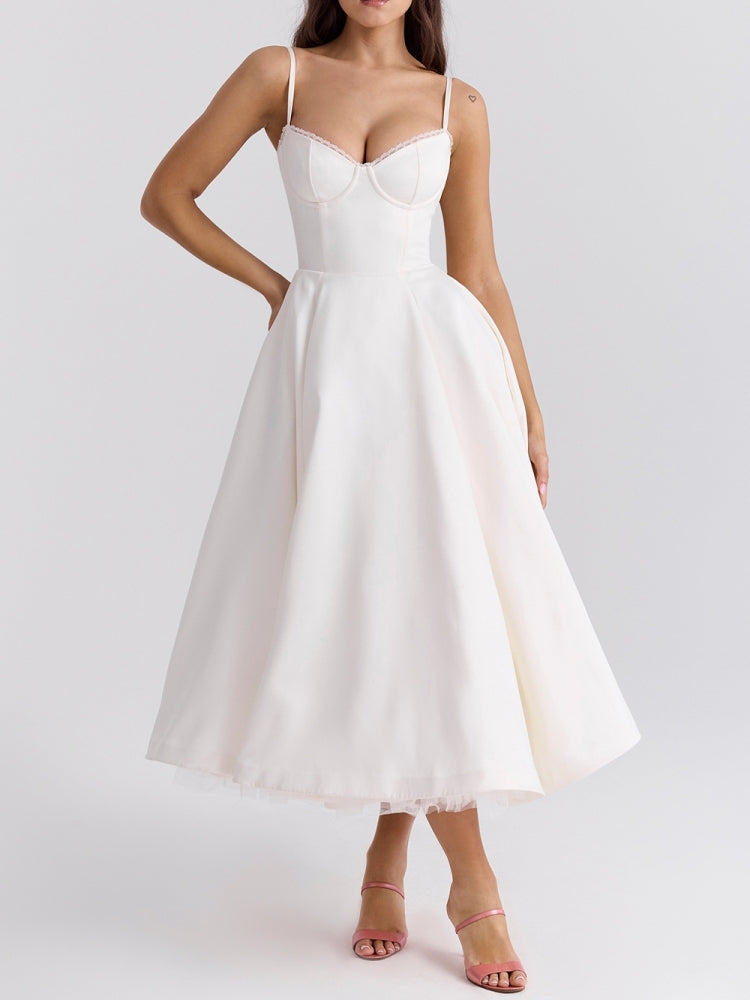 Satin Corset Bustier Spaghetti Strap Fit and Flare Tulle Hem Midi Dress 3