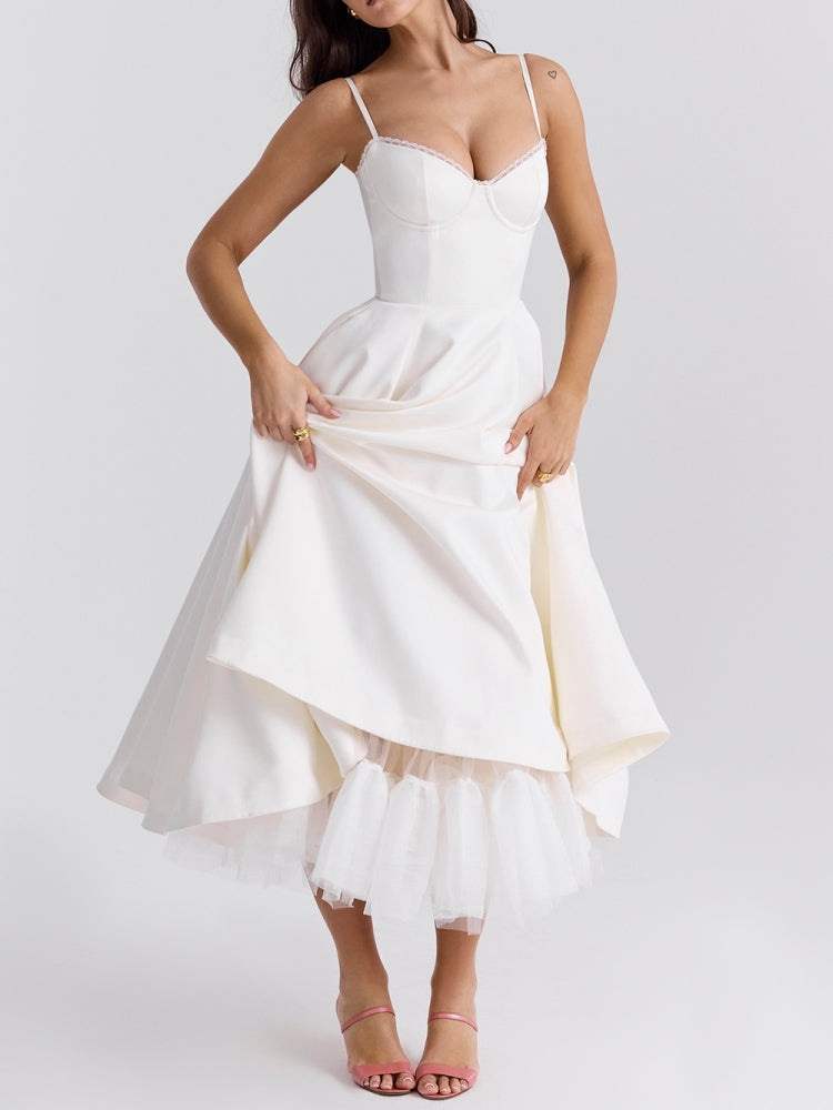 Satin Corset Bustier Spaghetti Strap Fit and Flare Tulle Hem Midi Dress 4
