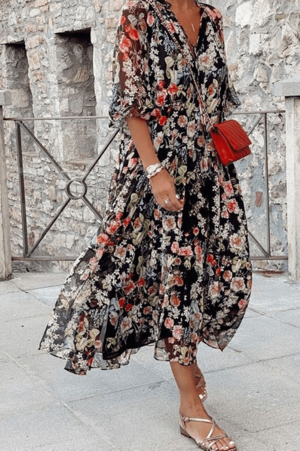 Lidia Comfortable V-neck Dress with Floral Pattern for Women