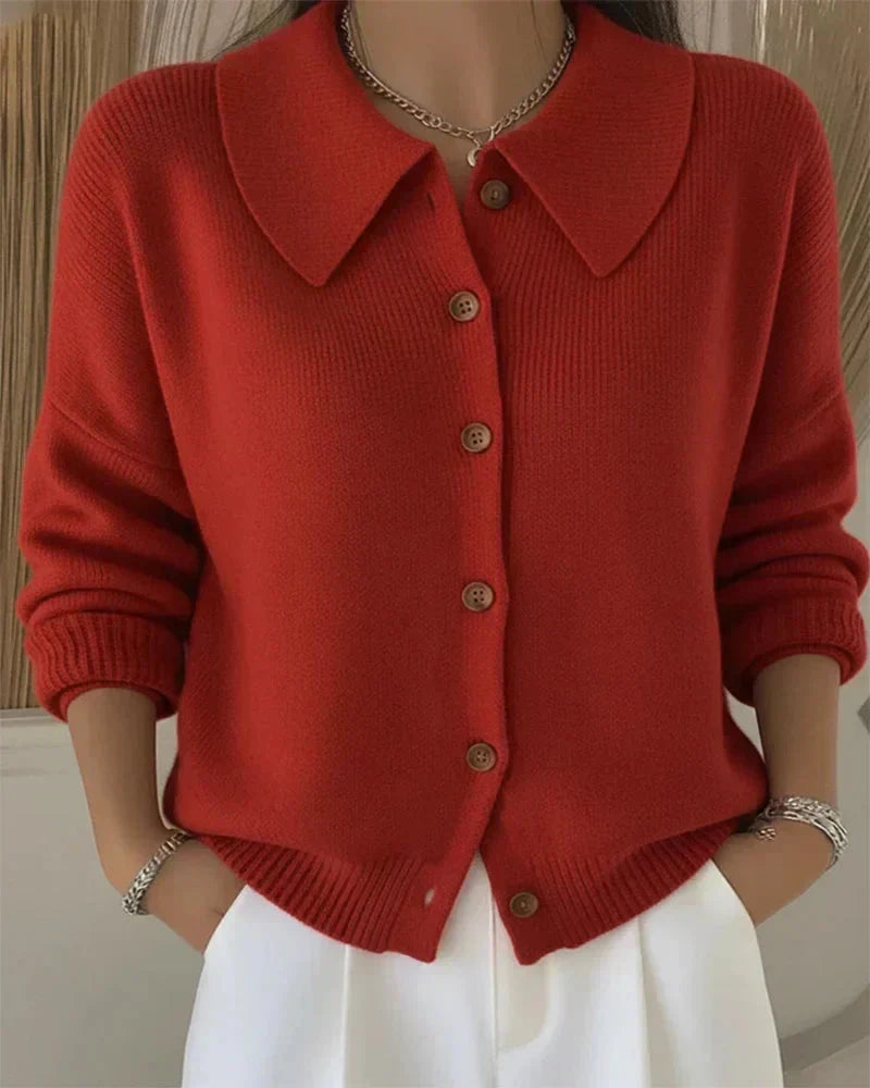 Collared Button Front Long Sleeve Knit Cardigan