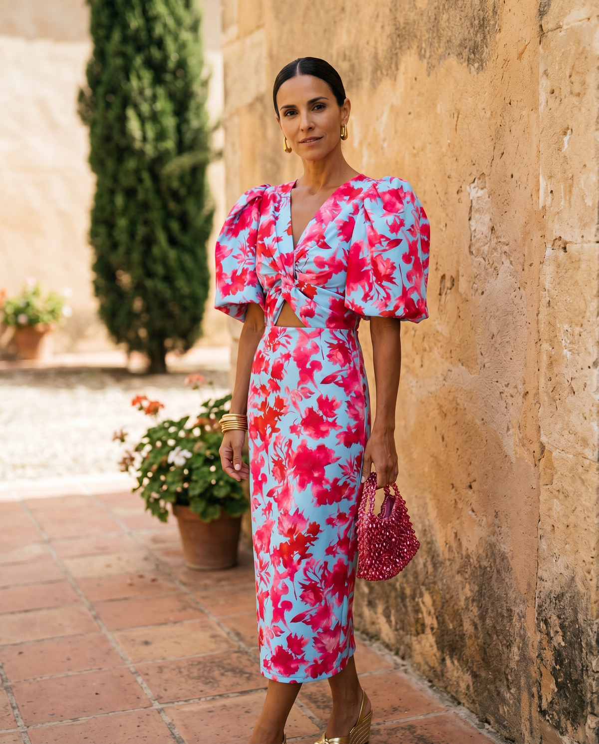 V-Neck Puff Sleeve Animal Print Ruched Midi Dress