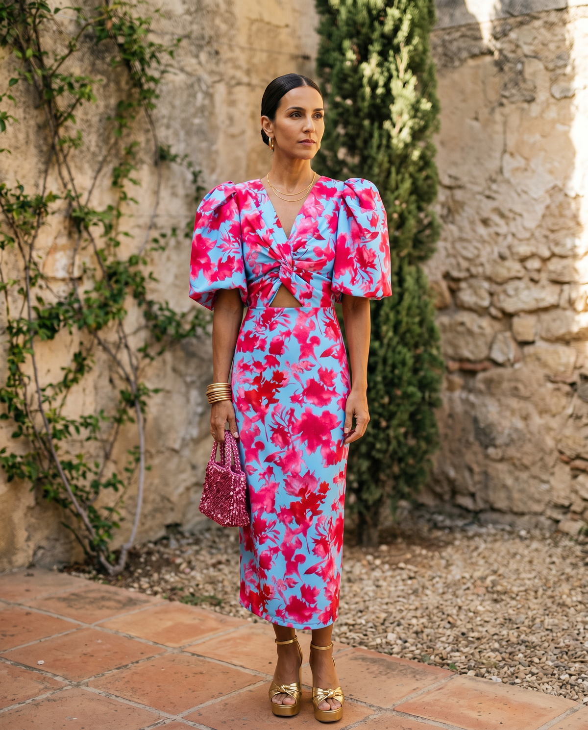 V-Neck Puff Sleeve Animal Print Ruched Midi Dress