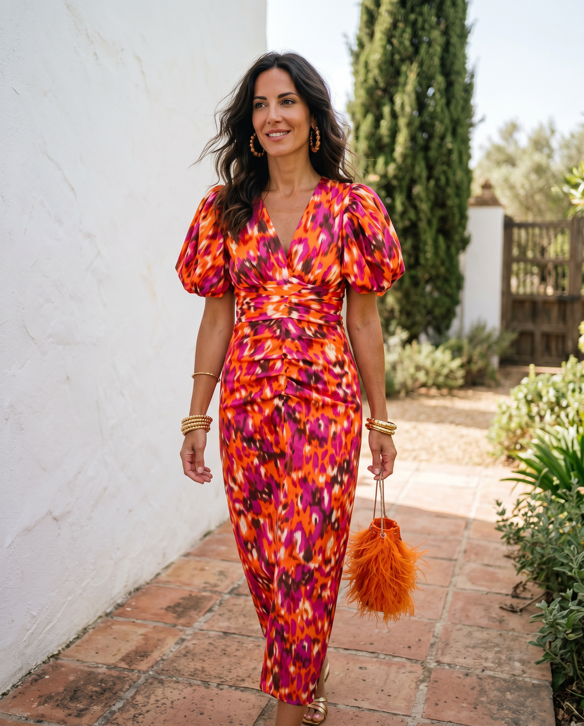 V-Neck Puff Sleeve Animal Print Ruched Midi Dress